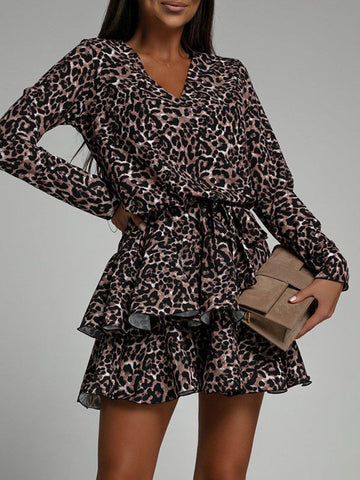 Woochic mini robe léopard à volantée v-cou manches longues casual cocktail automne Khaki S
